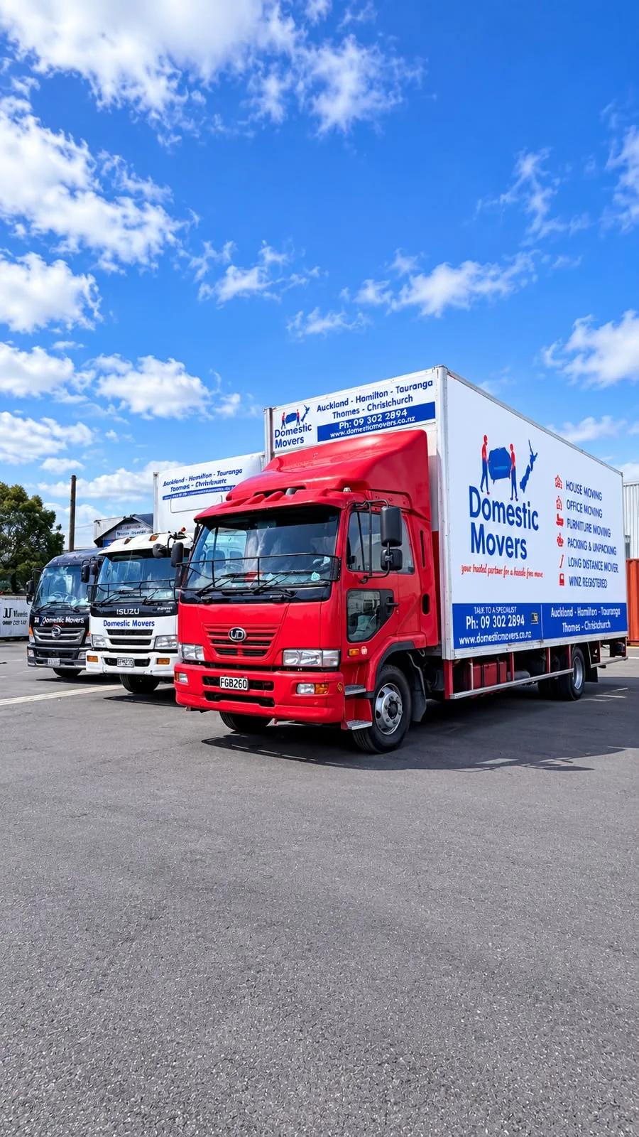 Red Domestic Movers truck with the branded fleet