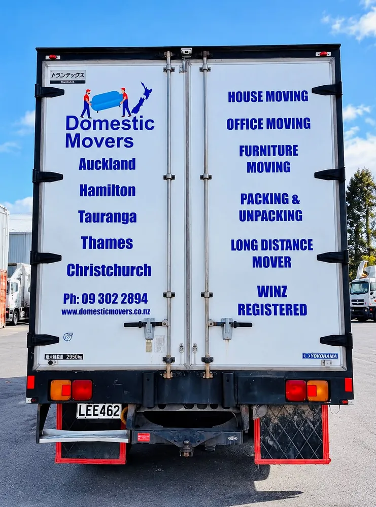 Branded rear doors of our moving truck