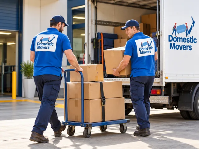 Commercial Move — illustration of movers in Domestic Movers branded shirts