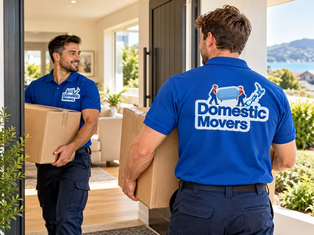 House Move — illustration of movers in Domestic Movers branded shirts