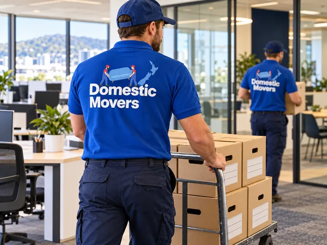 Office Move — illustration of movers in Domestic Movers branded shirts