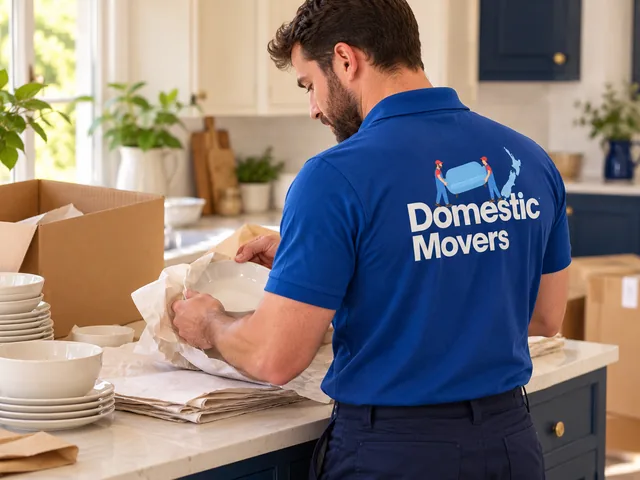 Packing & Unpacking — illustration of movers in Domestic Movers branded shirts