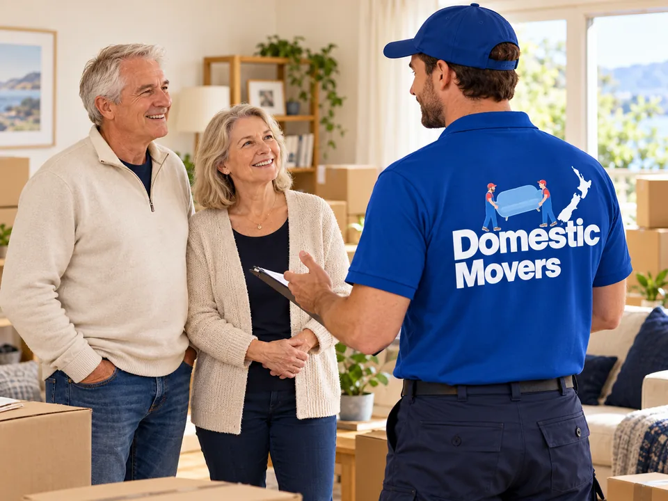 Senior Moving — illustration of movers in Domestic Movers branded shirts