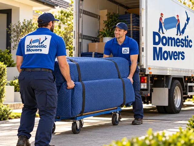 2 Men with Truck — illustration of movers in Domestic Movers branded shirts
